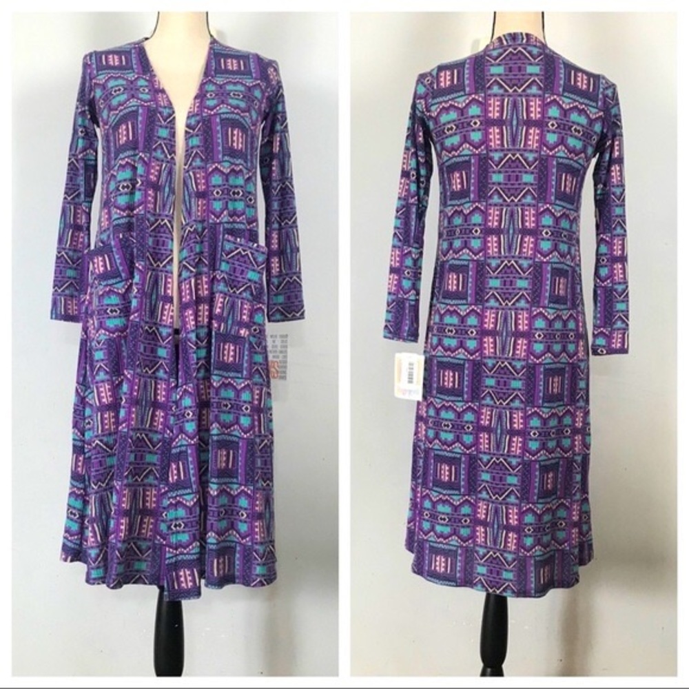 NWT LuLaRoe Sarah Duster Open Cardigan Aztec Print Multicolored Pockets Sz Small